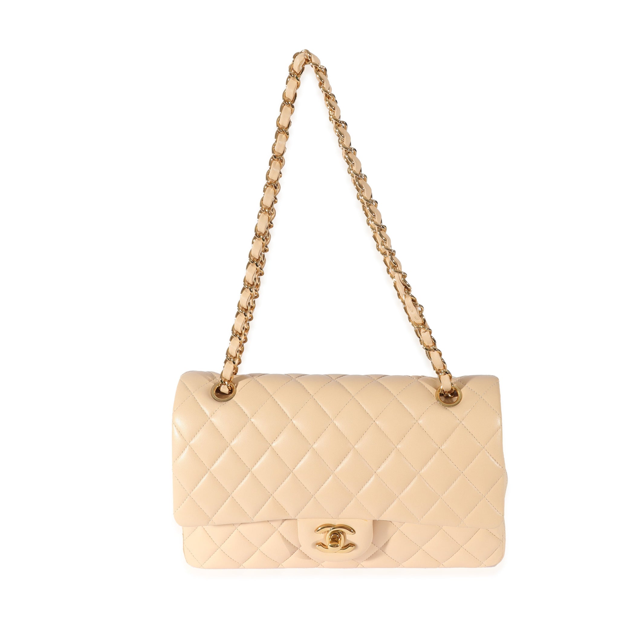 CHANEL Beige Lambskin Medium Classic Double Flap