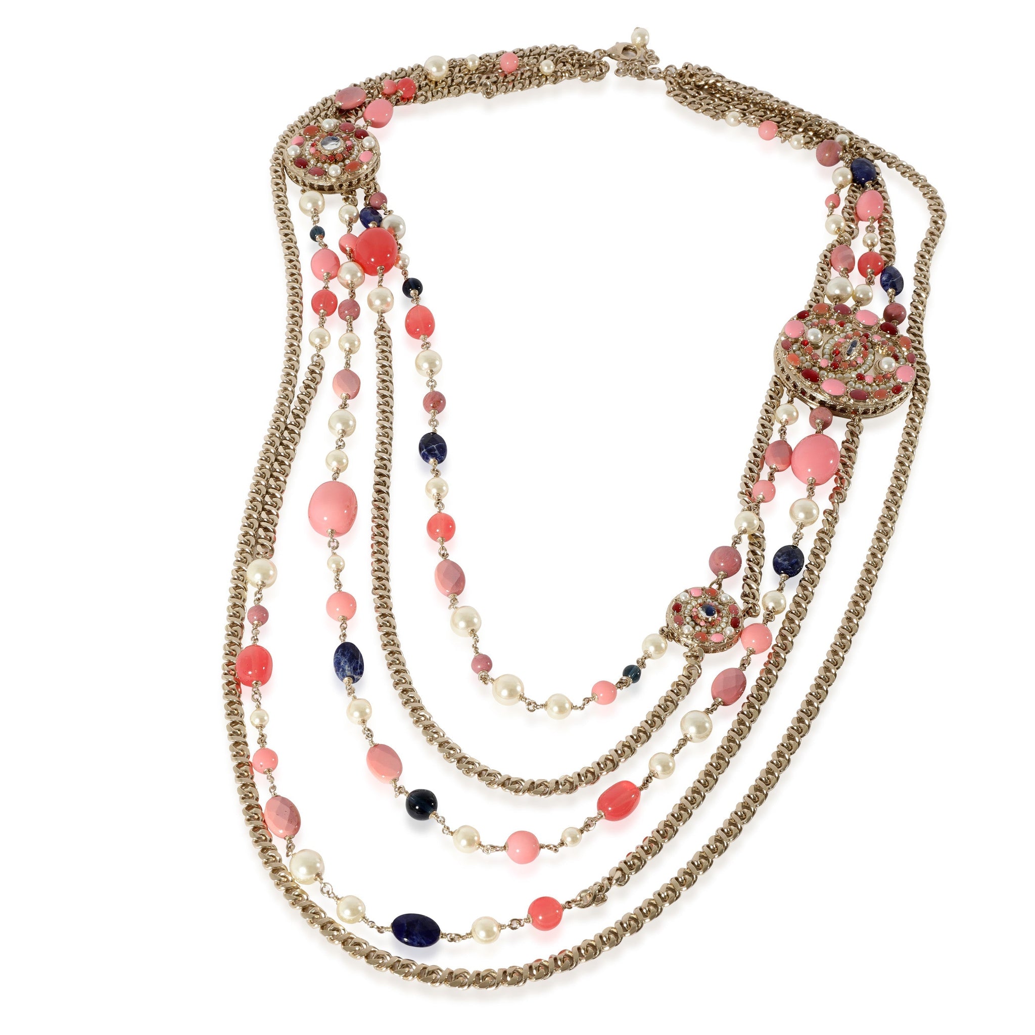 CHANEL 2018 Multistrand Gripoix Medallions Faux Pearls & Beads Gold Plated Chain