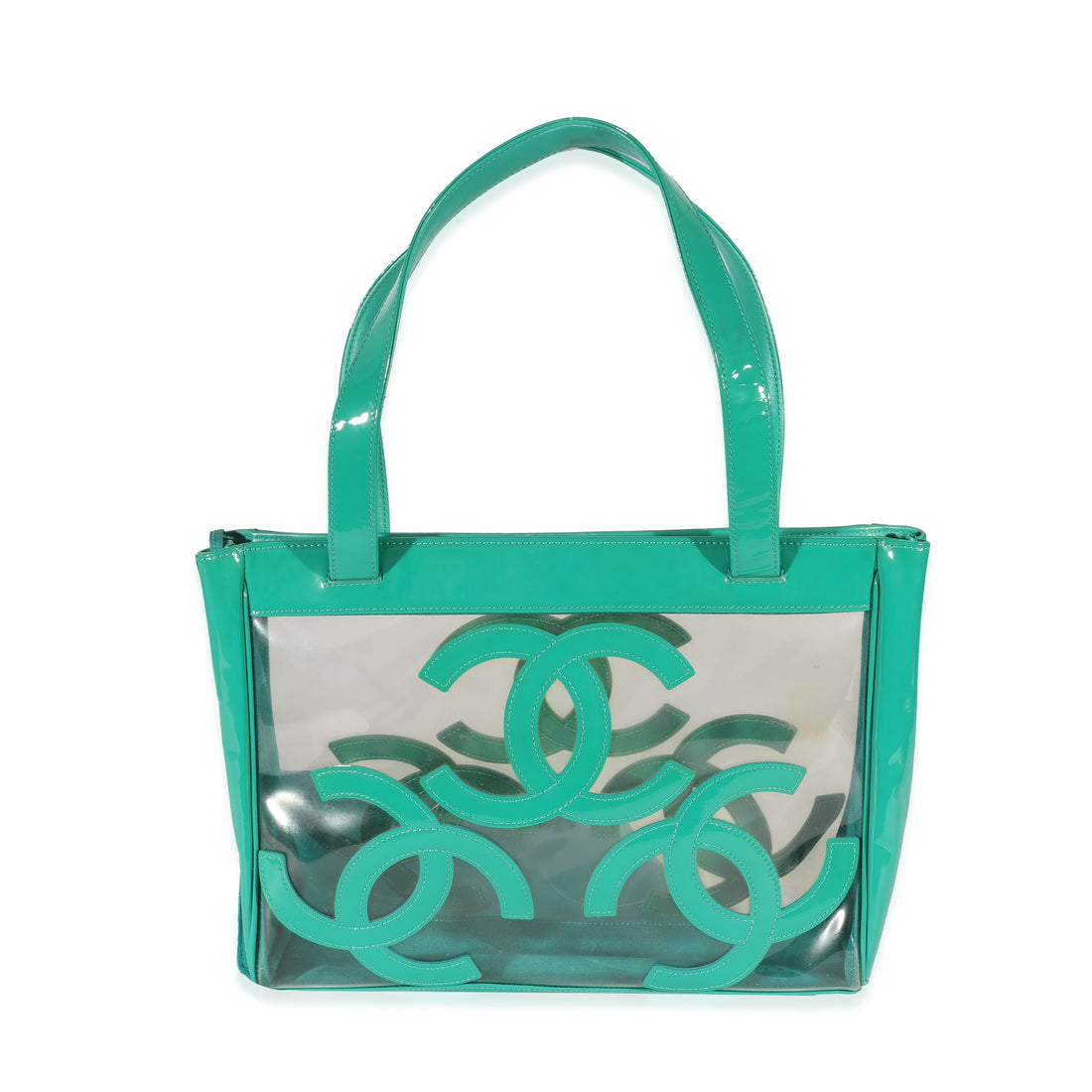 CHANEL Teal Vinyl Patent Triple CC Tote