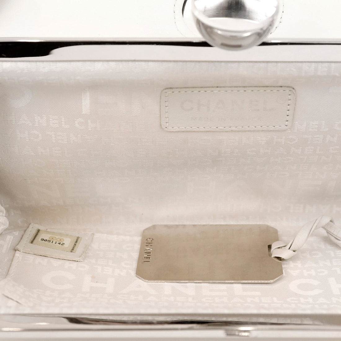 Chanel Black and White Lambskin Square Stitched Clutch with Lucite Knob