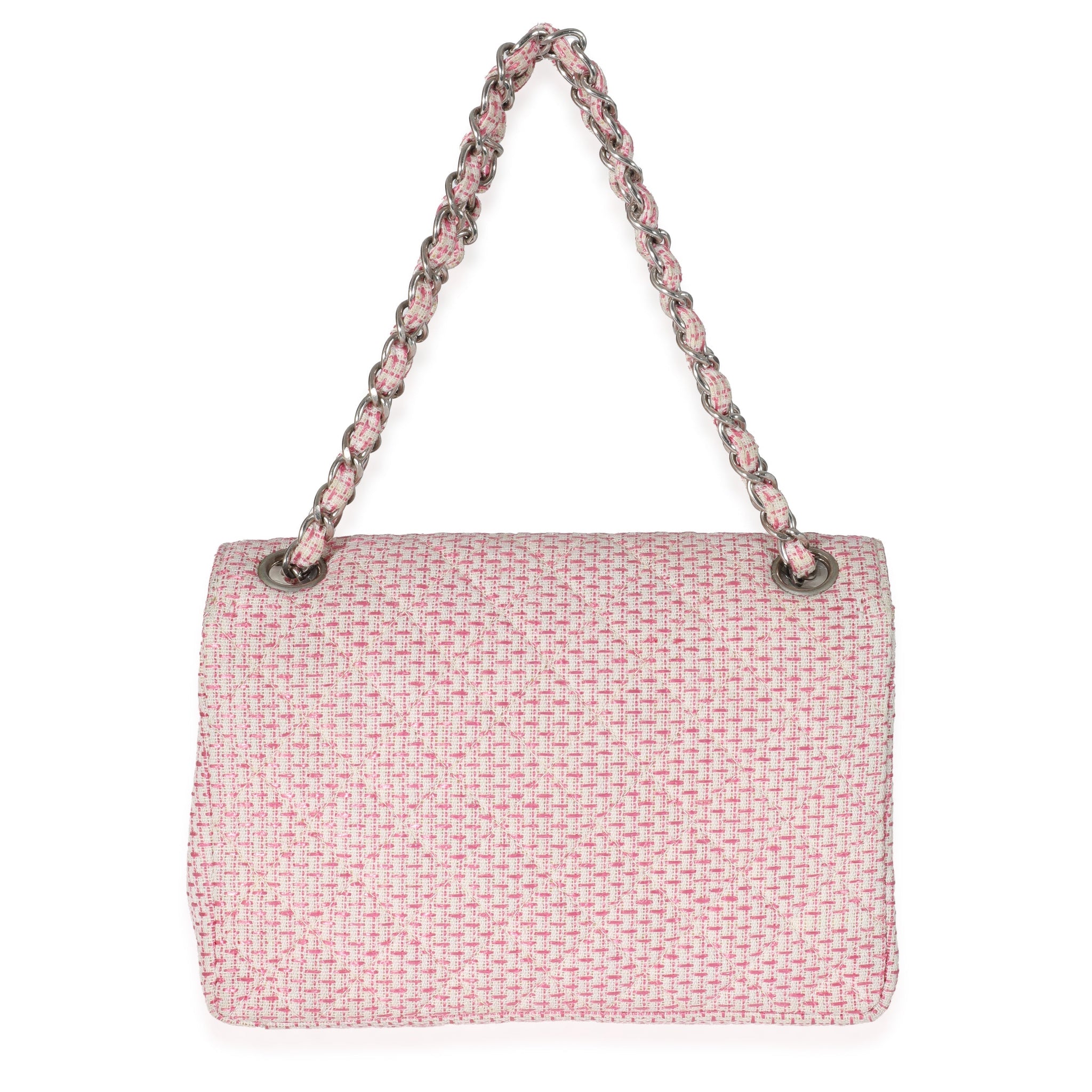 CHANEL Woven Raffia Pink White Small CC Shoulder Flap Bag