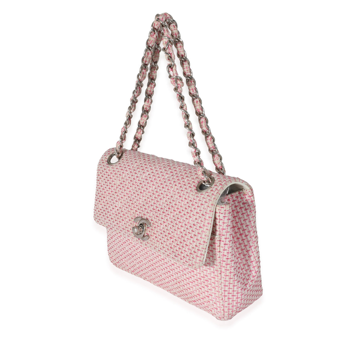 CHANEL Woven Raffia Pink White Small CC Shoulder Flap Bag