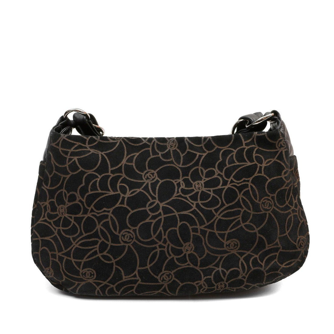 Chanel BlackxBrown Suede Shoulder Bag w/ Gold Camellias & Silver Hardware