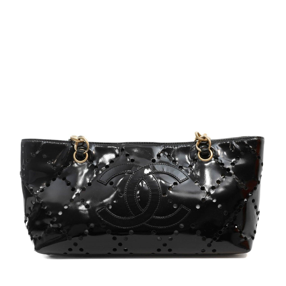 Chanel Black Patent Leather Perforated CC Tote