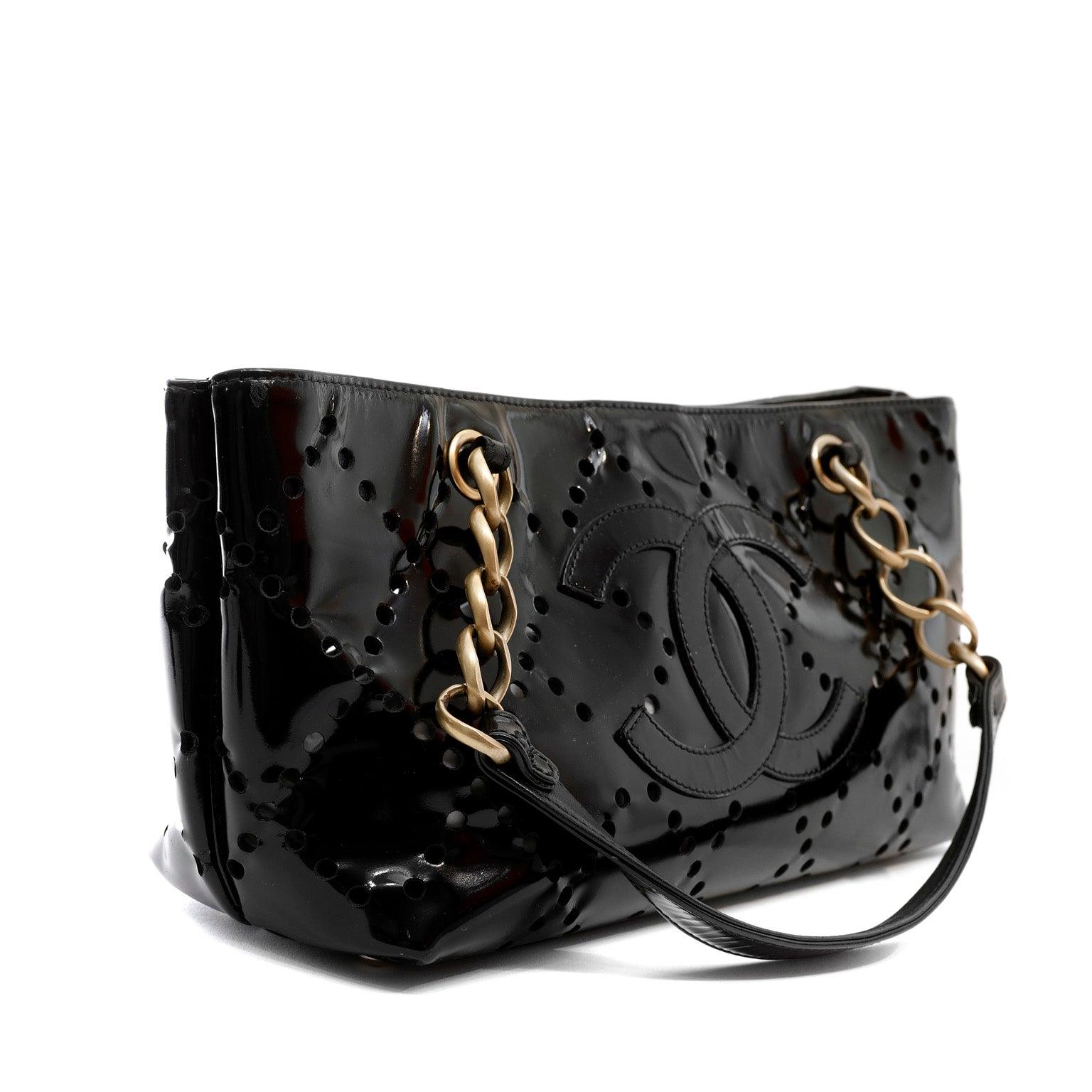 Chanel Black Patent Leather Perforated CC Tote