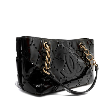 Chanel Black Patent Leather Perforated CC Tote