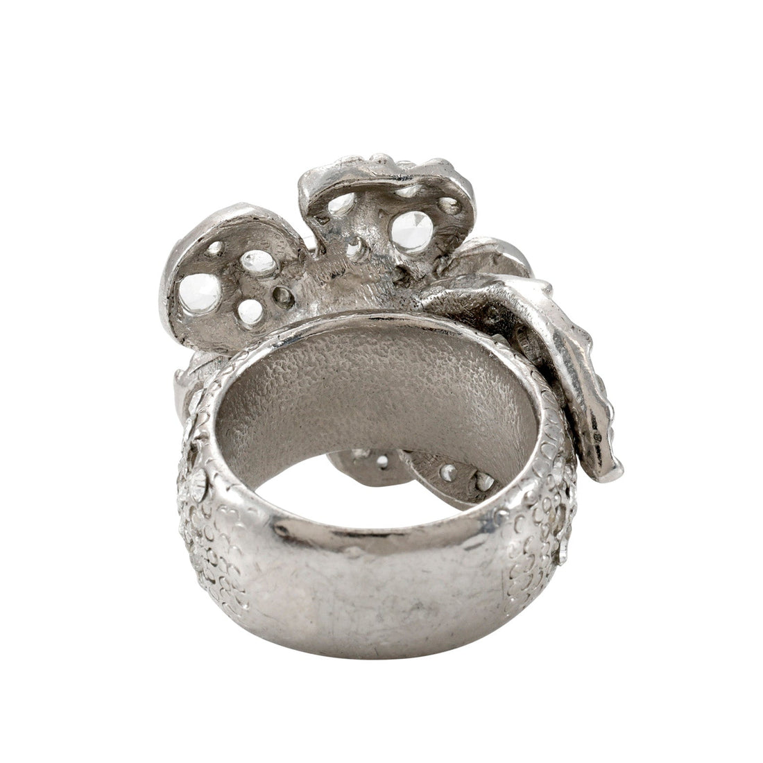 Chanel Silver Crystal Camellia Flower Ring with CC