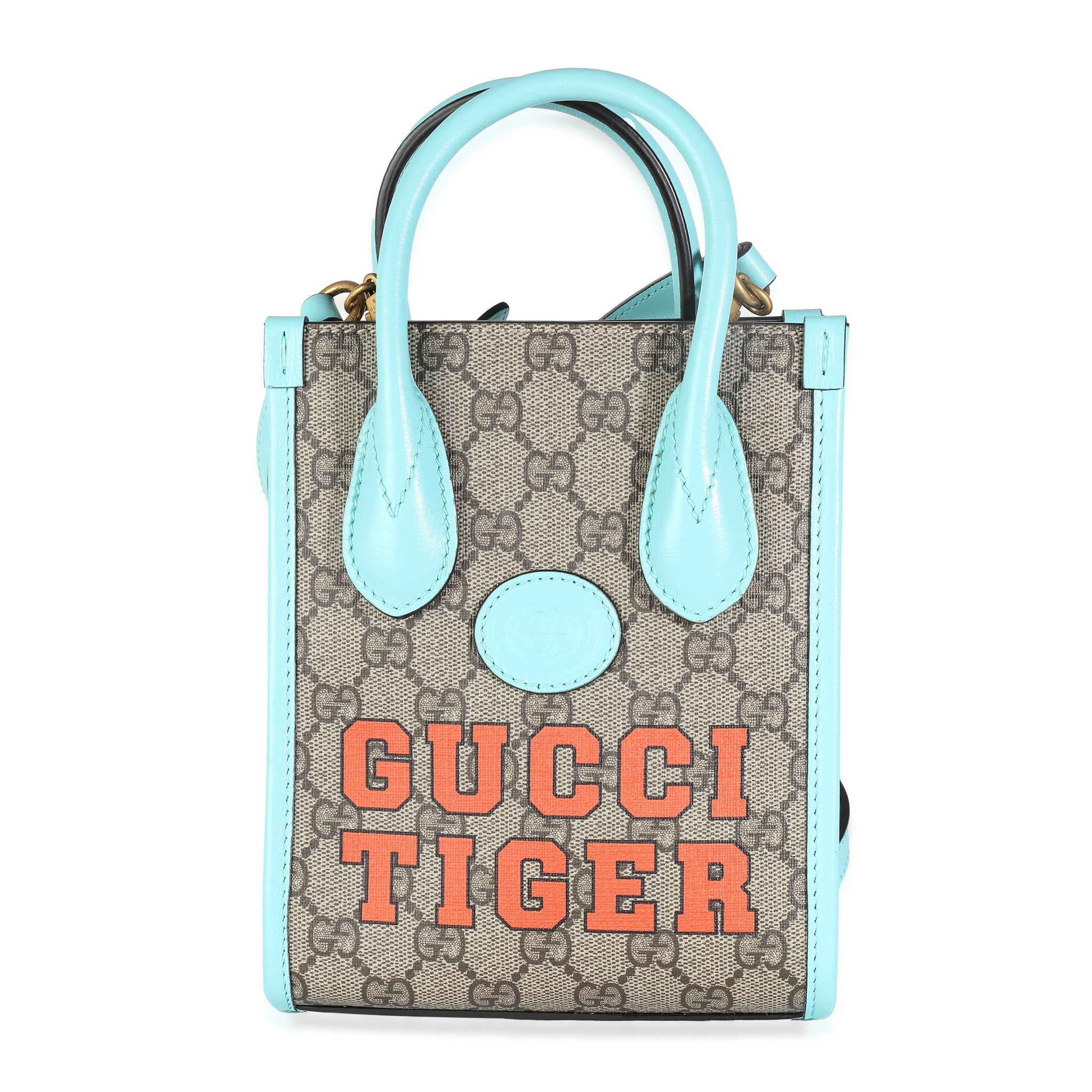 GUCCI Blue Leather GG Supreme Canvas Tiger Mini Tote