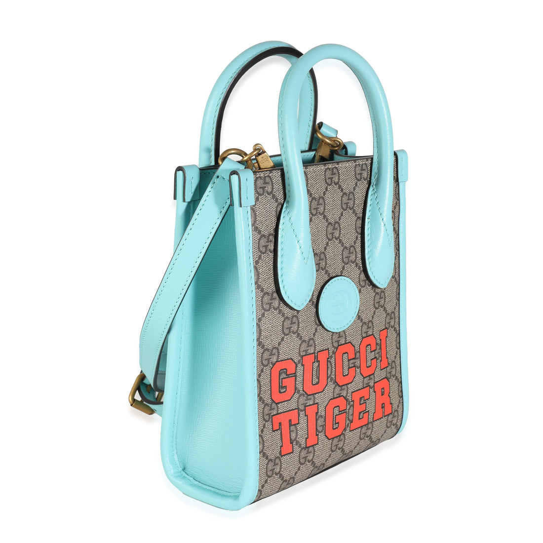 GUCCI Blue Leather GG Supreme Canvas Tiger Mini Tote