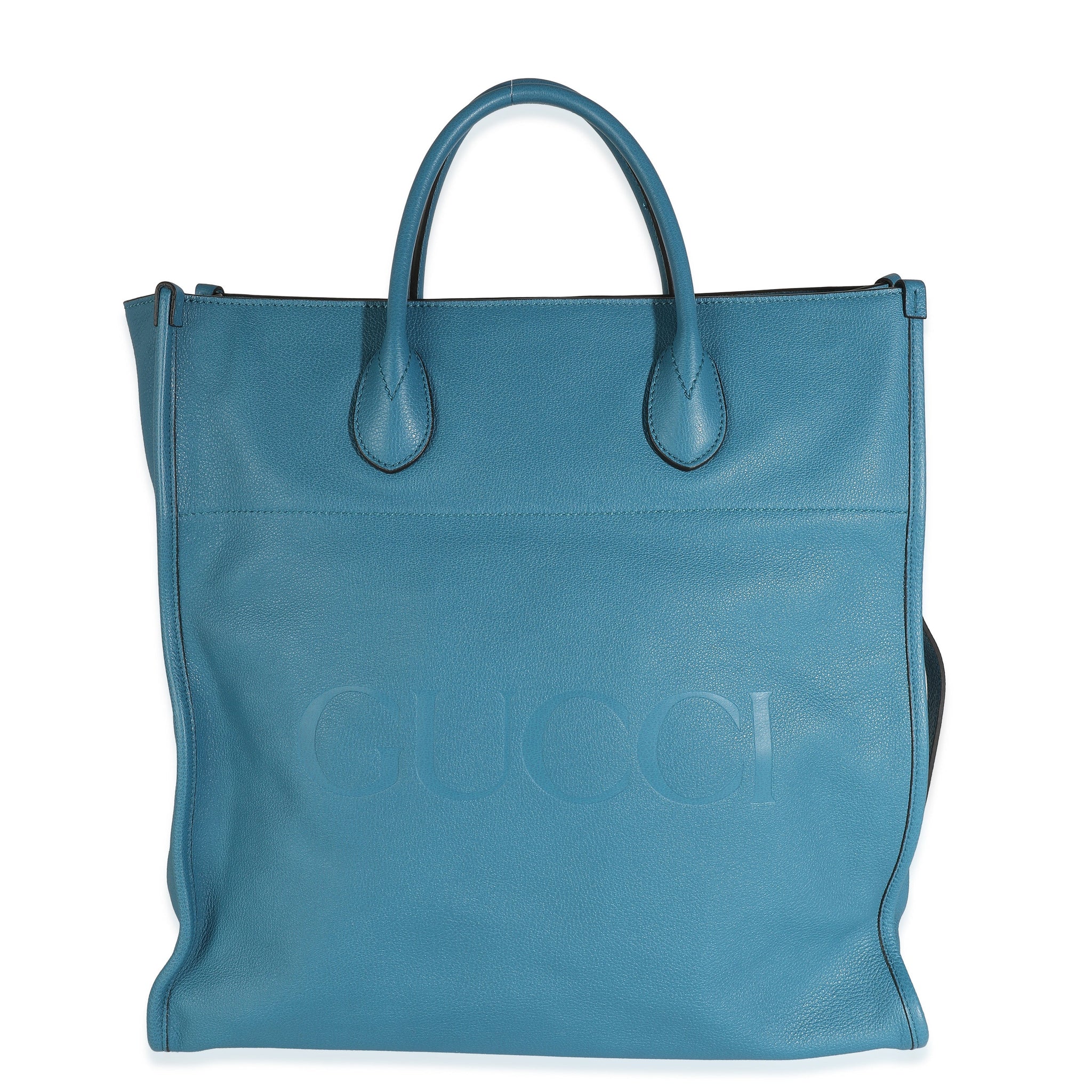 GUCCI Blue Leather Logo Embossed Shopper Tote