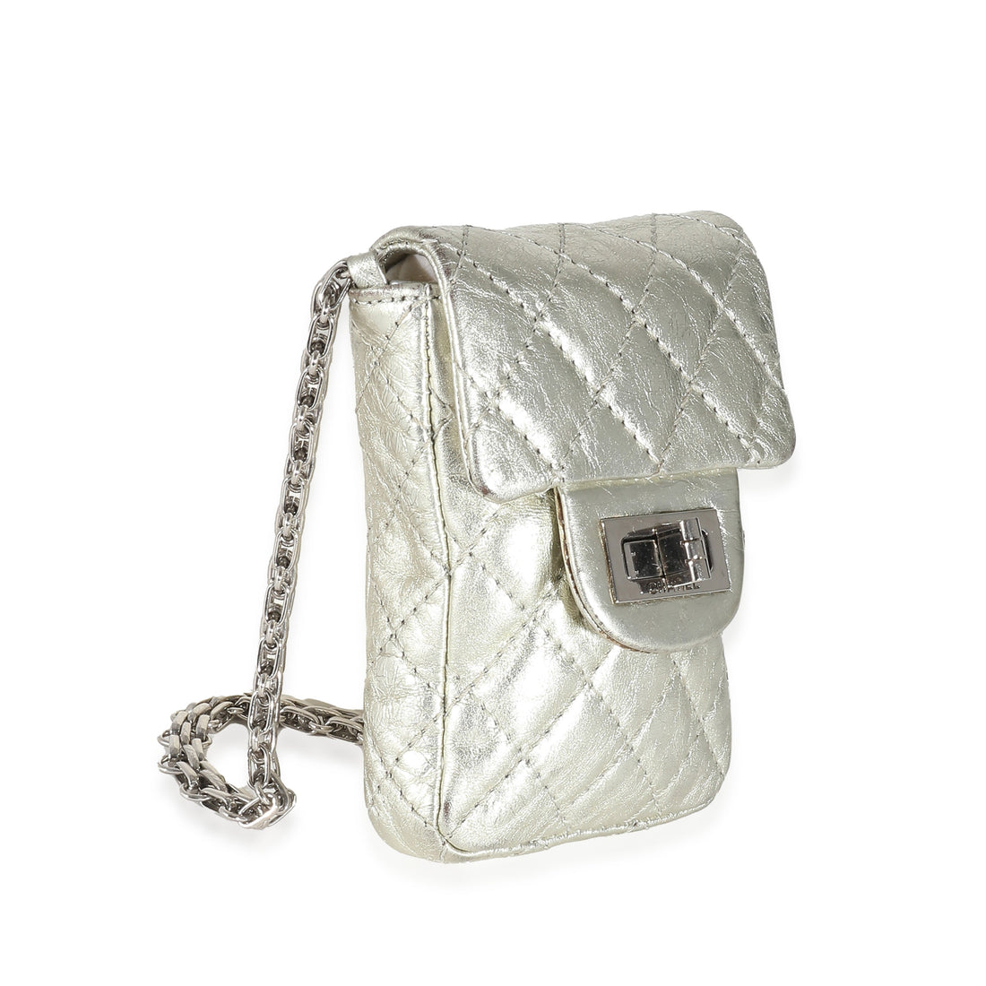 CHANEL Silver Metallic Aged Calfskin Quilted 2.55 Reissue Phone Case