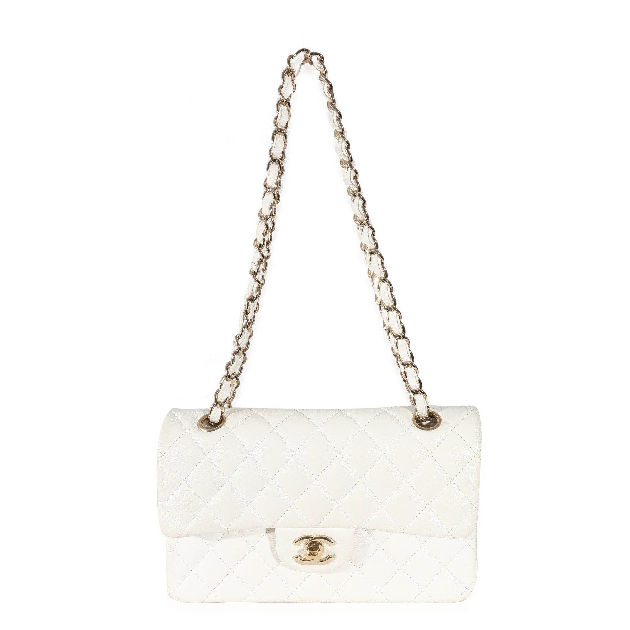 CHANEL White Quilted Caviar Small Classic Double Flap Bag