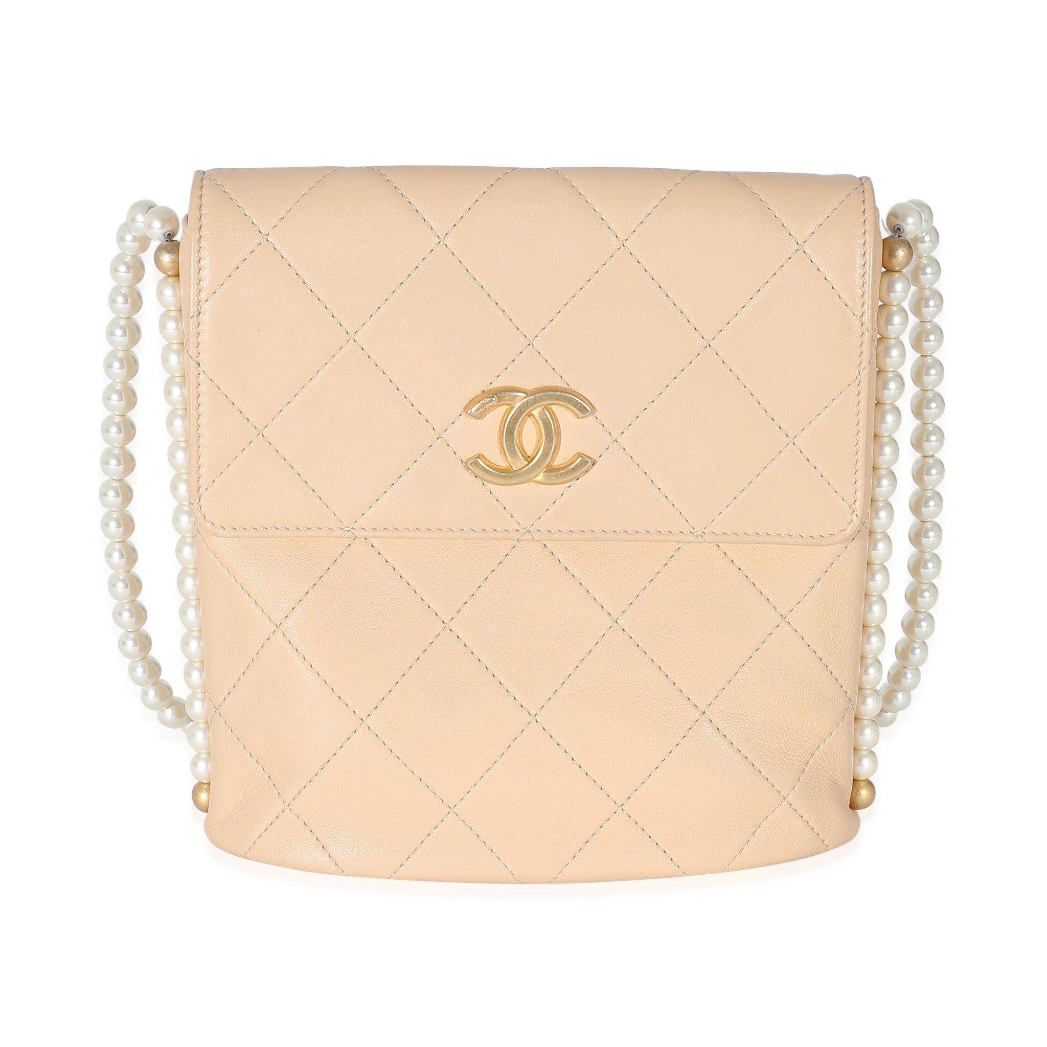 CHANEL Beige Quilted Calfskin Small Pearl Chain Hobo