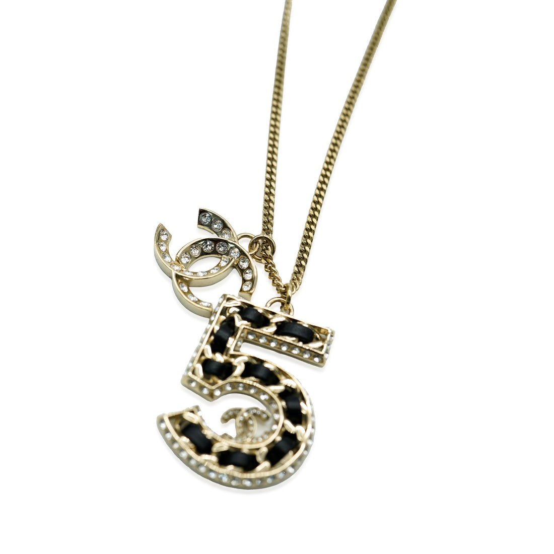 CHANEL 2023 No.5 Woven Chain Pendant WIth Strass CC And Leather Gold Plated