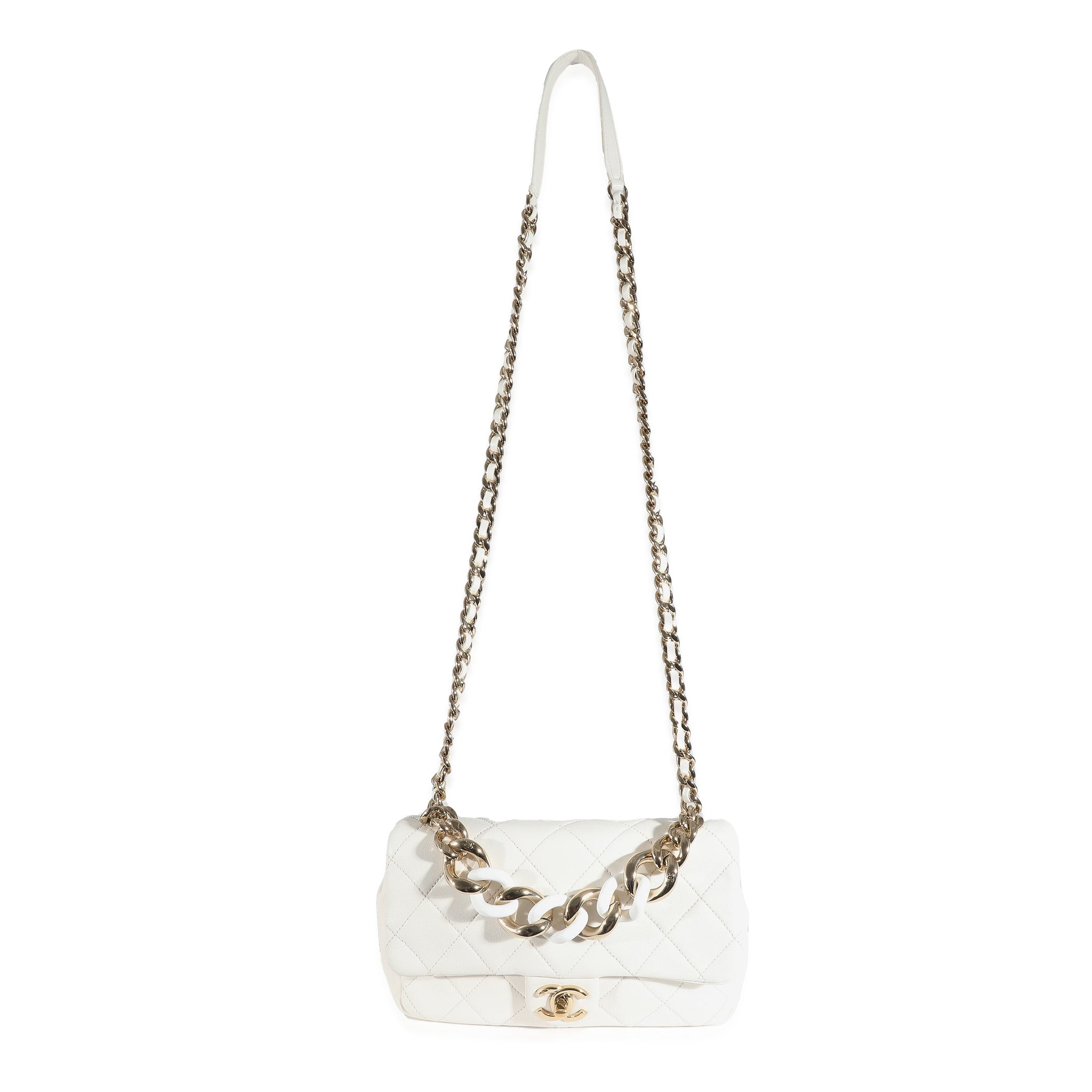 CHANEL White Quilted Lambskin Elegant Chain Flap Bag