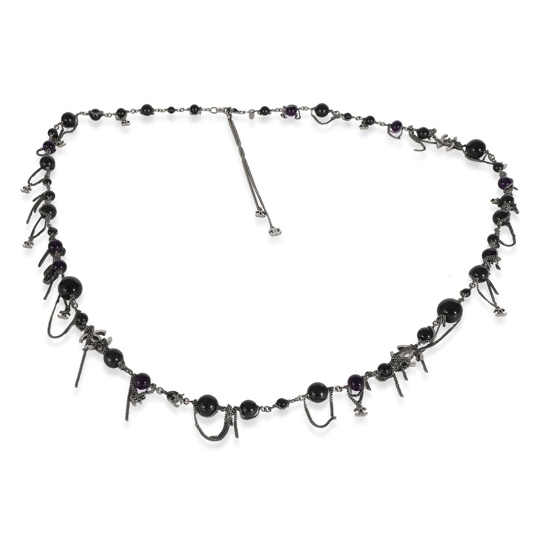 CHANEL Ruthenium 2009 CC Black & Purple Bead Long Necklace With CC