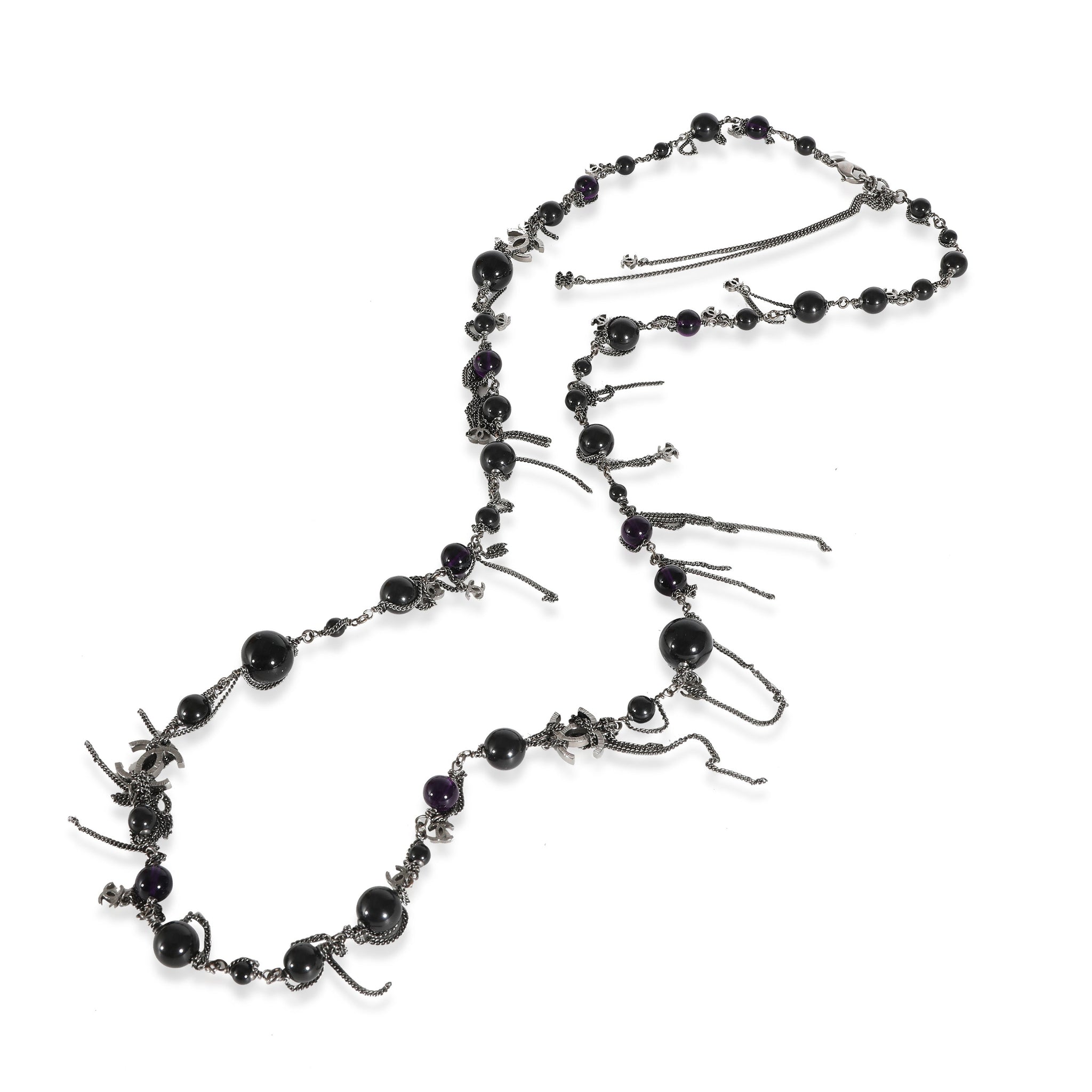 CHANEL Ruthenium 2009 CC Black & Purple Bead Long Necklace With CC