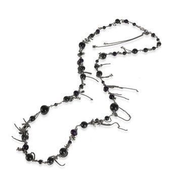 CHANEL Ruthenium 2009 CC Black & Purple Bead Long Necklace With CC