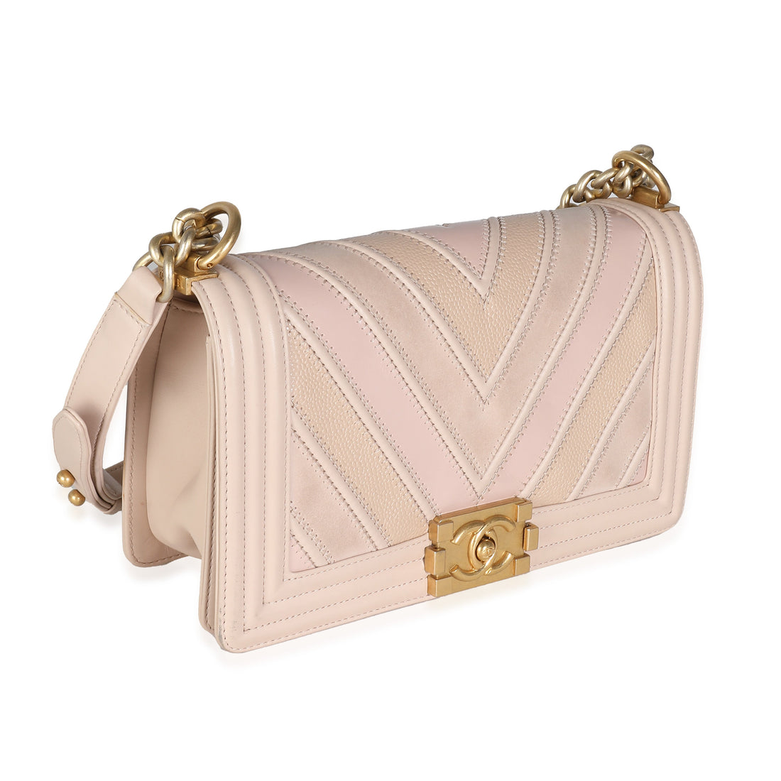 CHANEL Beige Caviar Suede Calfskin Chevron Medium Boy Bag