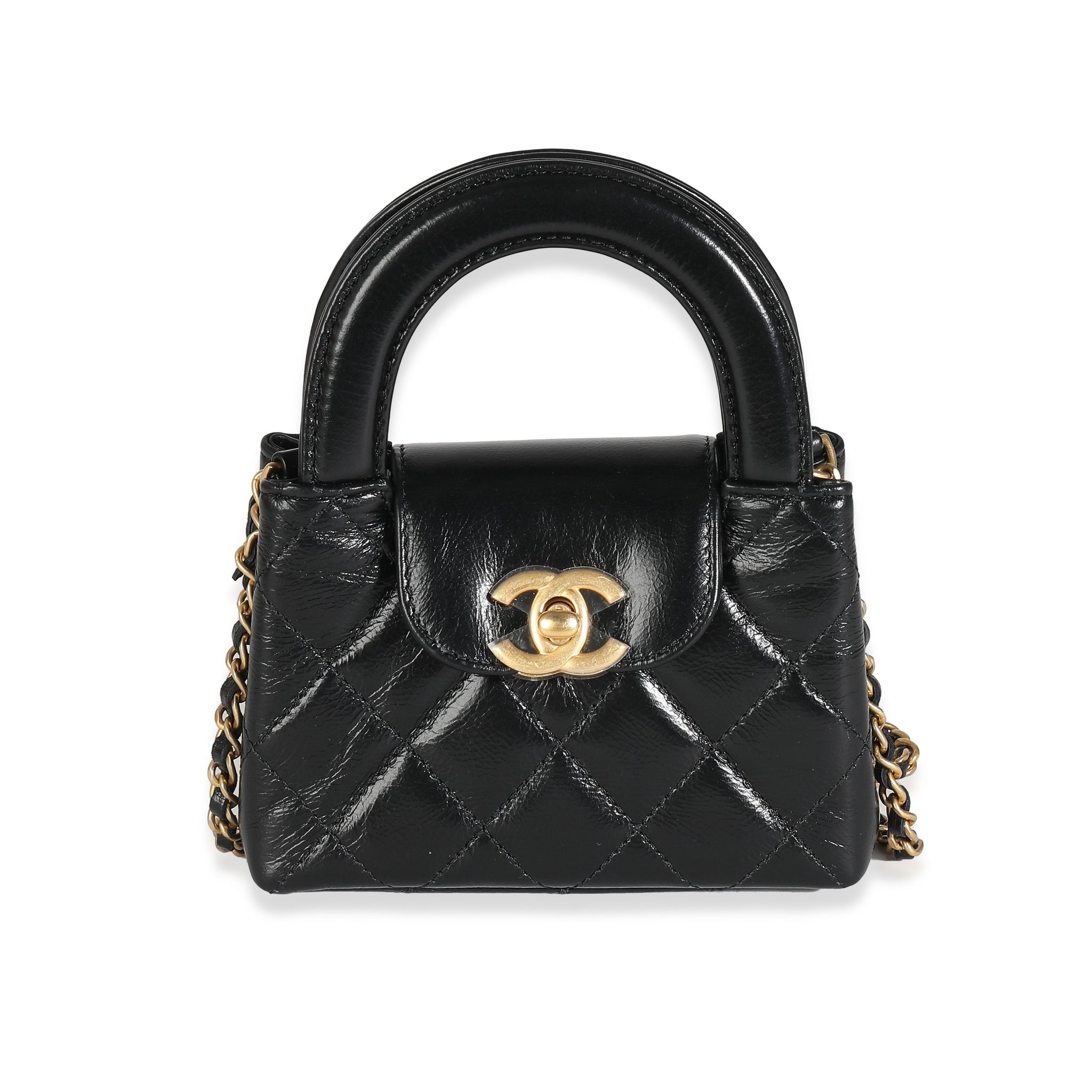CHANEL 24P Black Quilted Shiny Aged Calfskin Mini Nano Kelly Shopper