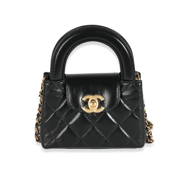 CHANEL 24P Black Quilted Shiny Aged Calfskin Mini Nano Kelly Shopper