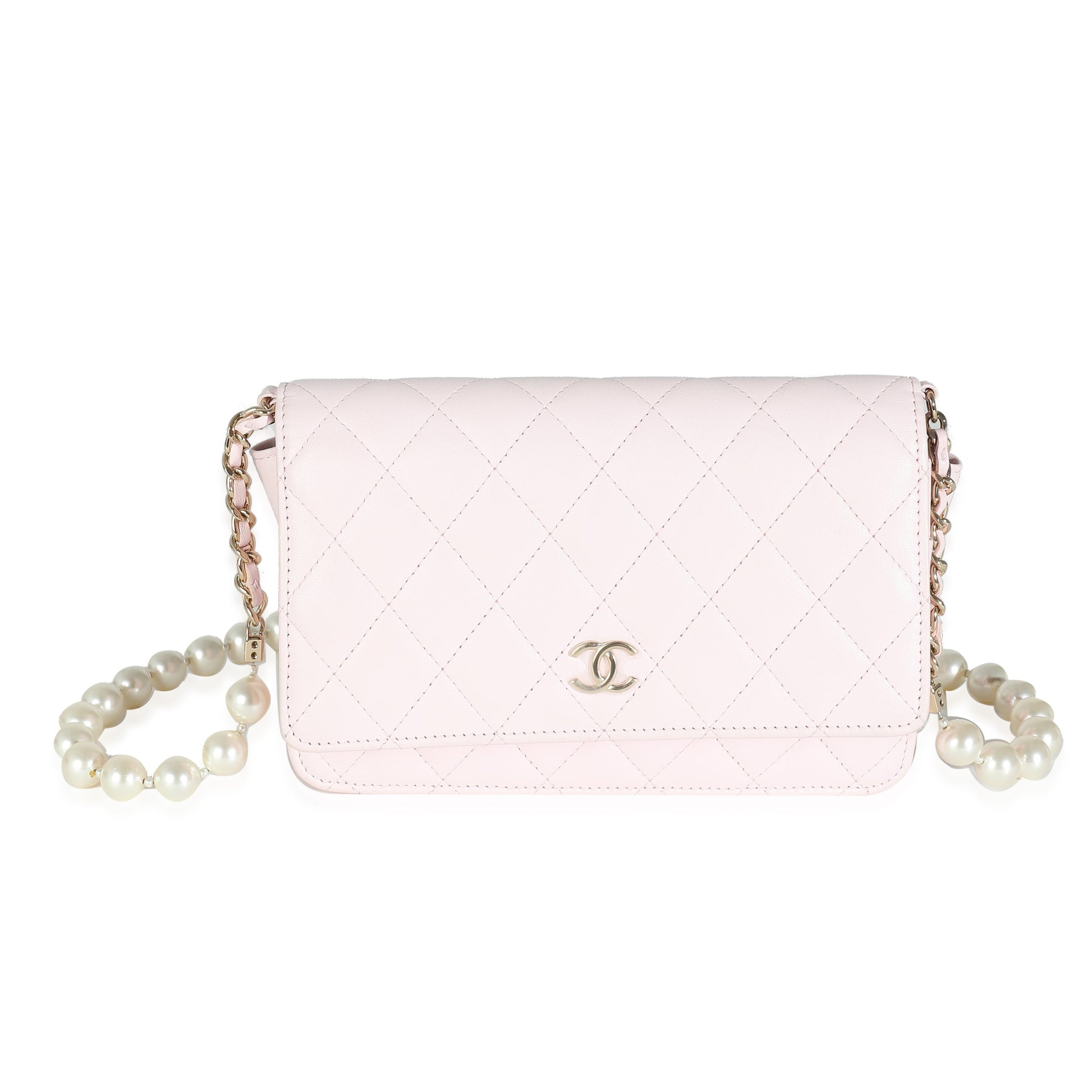 CHANEL Pink Quilted Lambskin Pearl Wallet On Chain