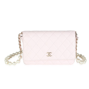 CHANEL Pink Quilted Lambskin Pearl Wallet On Chain