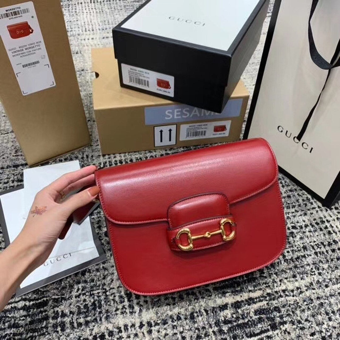 gg Horsebit 1955 Shoulder Bag Red Textured With A Vintage Effect For Womtlm 9.8in/25cm gg ?602204 1DB0G 6638