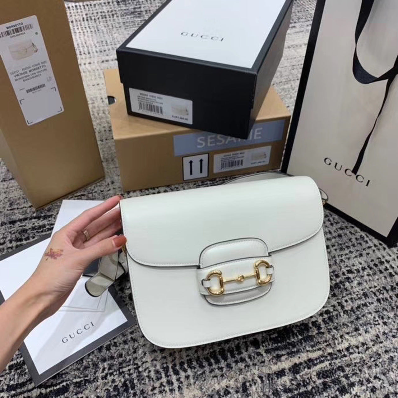 gg Horsebit 1955 Shoulder Bag White For Women 9.8in/25cm gg ?602204 1DB0G 9022
