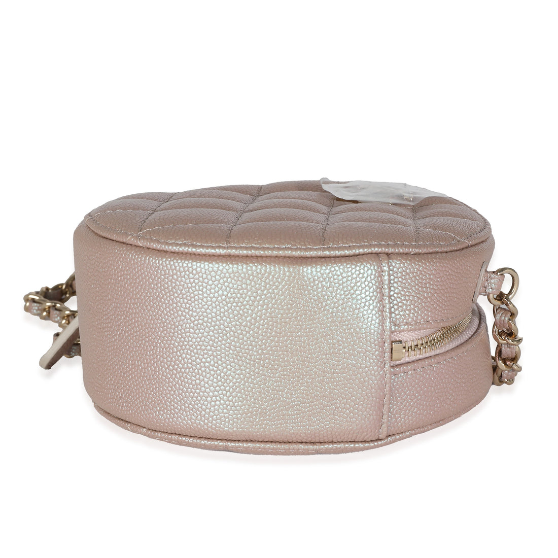 CHANEL Pink Iridescent Quilted Caviar Round Clutch With Chain