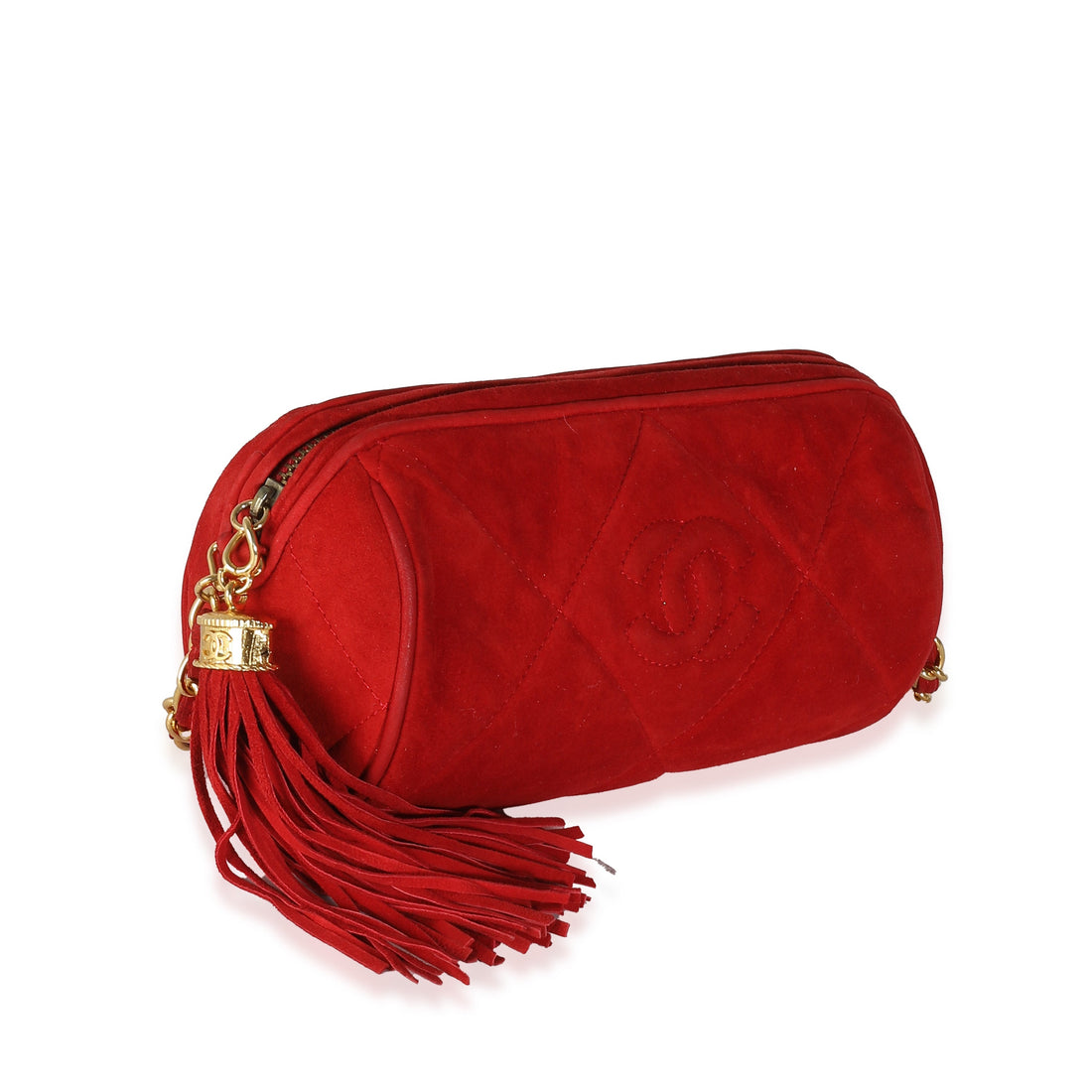 CHANEL Vintage Red Suede Diamond Stitch Tassel Barrel Clutch