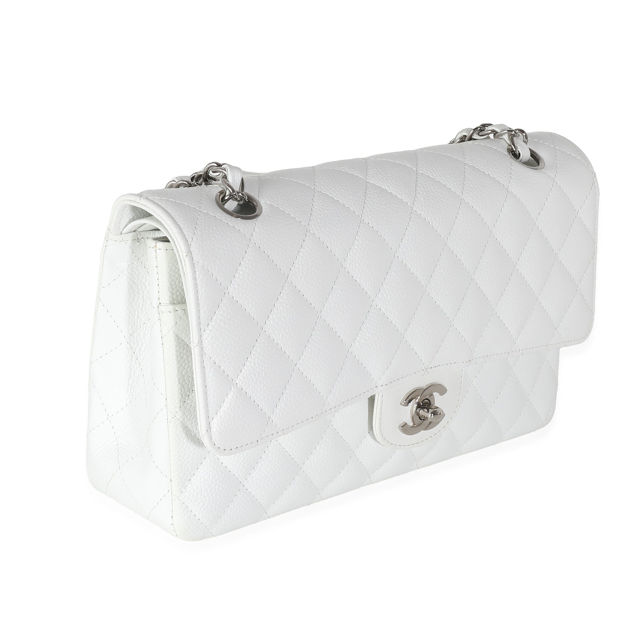 CHANEL White Quilted Caviar Medium Classic Double Flap Bag
