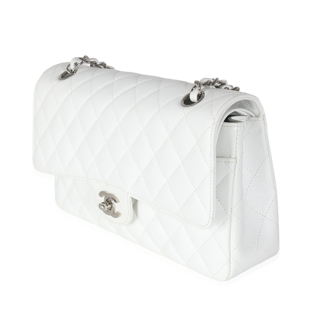 CHANEL White Quilted Caviar Medium Classic Double Flap Bag