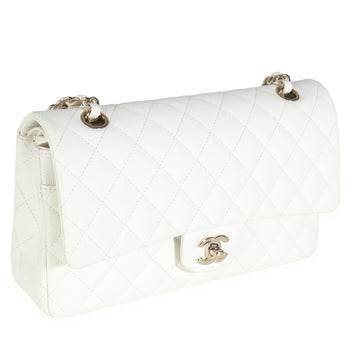 CHANEL White Quilted Caviar Medium Classic Double Flap Bag