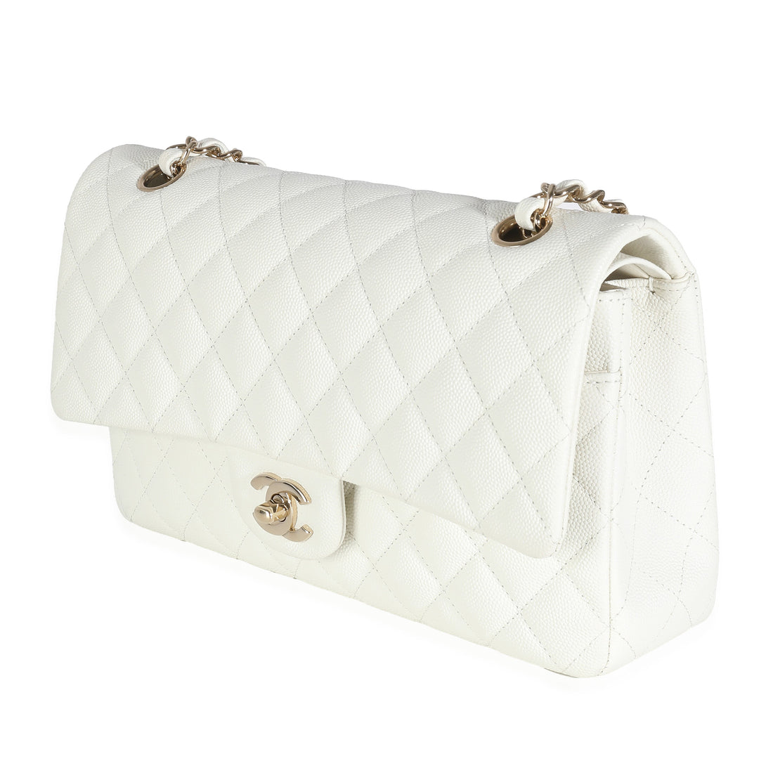 CHANEL White Quilted Caviar Medium Classic Double Flap Bag