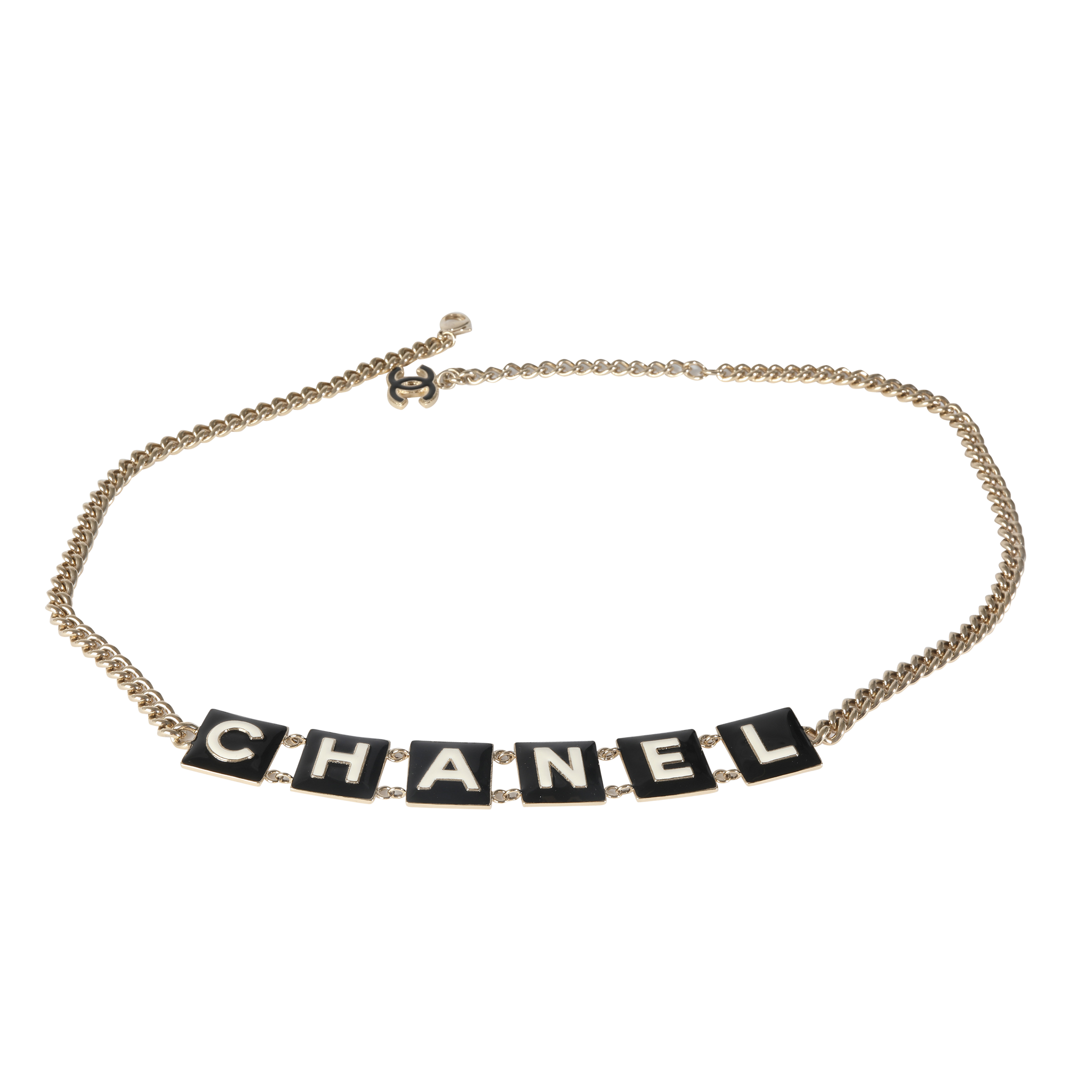 CHANEL 2022 Black & White Enamel Gold Plated Logo Belt