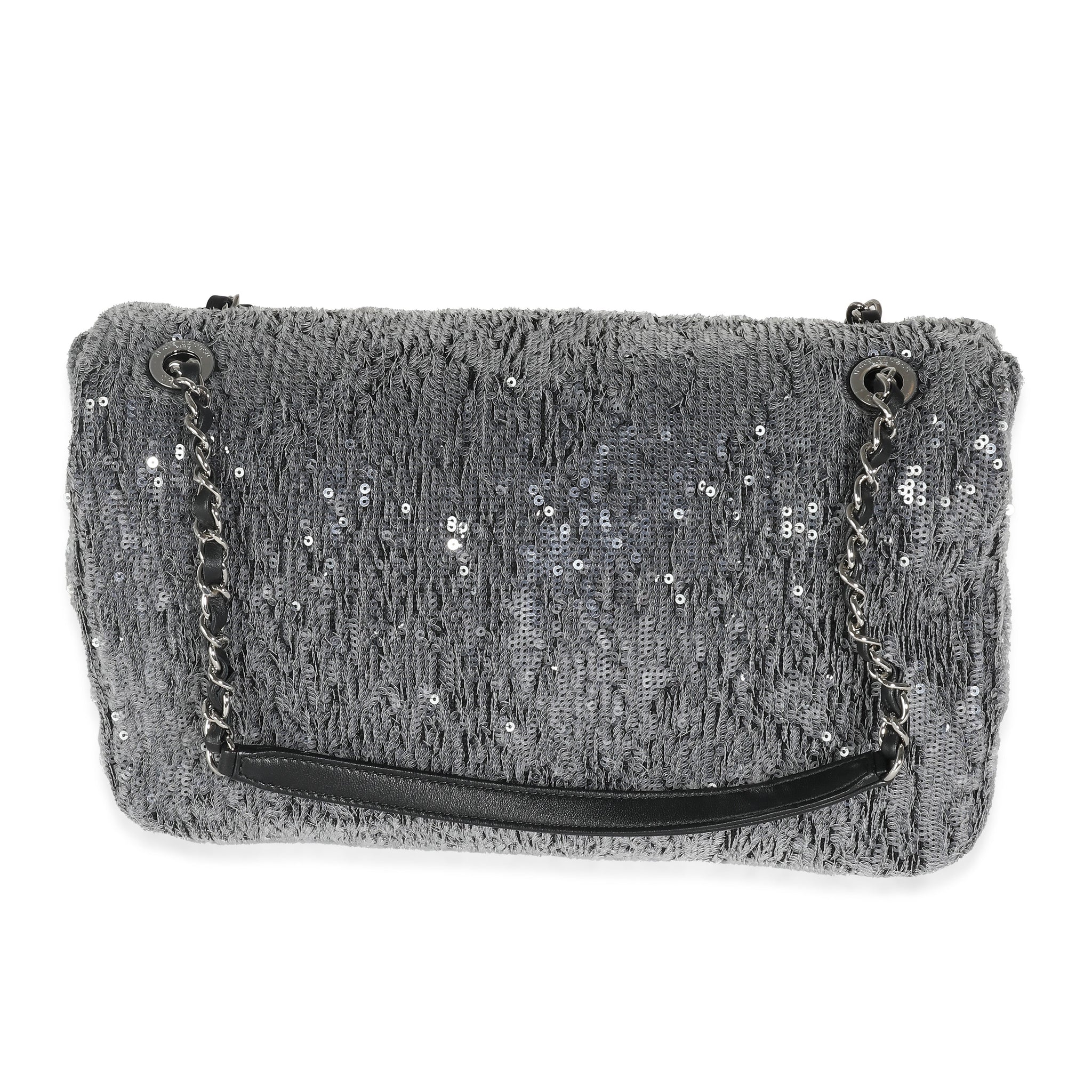 CHANEL Silver Sequin Jumbo Single Flap Bag