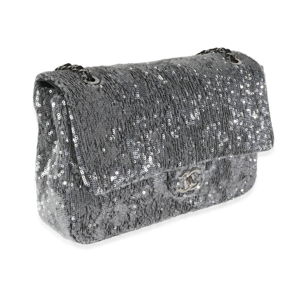 CHANEL Silver Sequin Jumbo Single Flap Bag