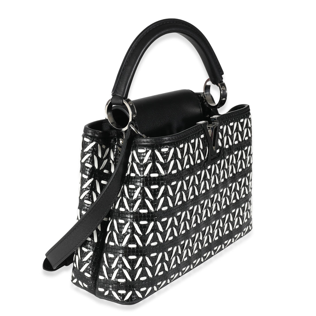 LOUIS VUITTON Black White Woven Calfskin Tressage Capucines BB