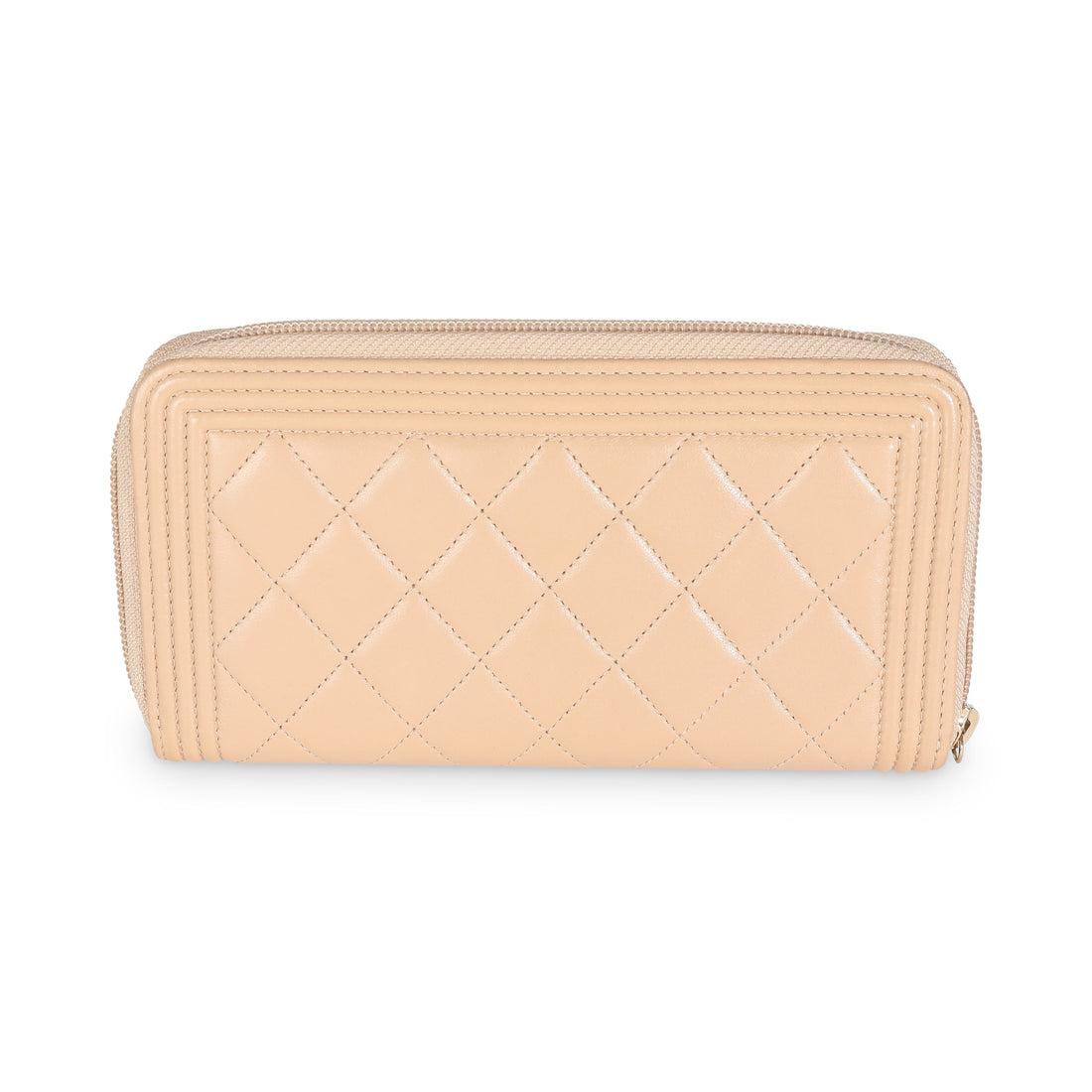 CHANEL Beige Quilted Lambskin Zip Around Boy Wallet