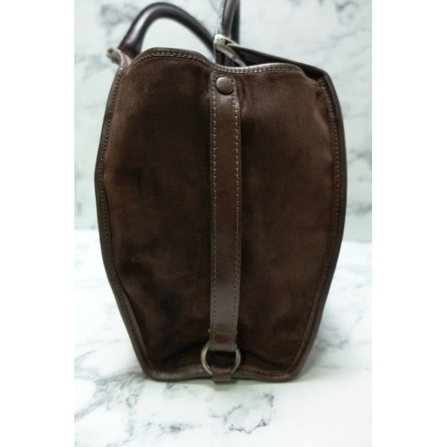 unique, Gucci, brown suede and leather, vintage '1973' top handle shoulder bag with a bold gold GG accent