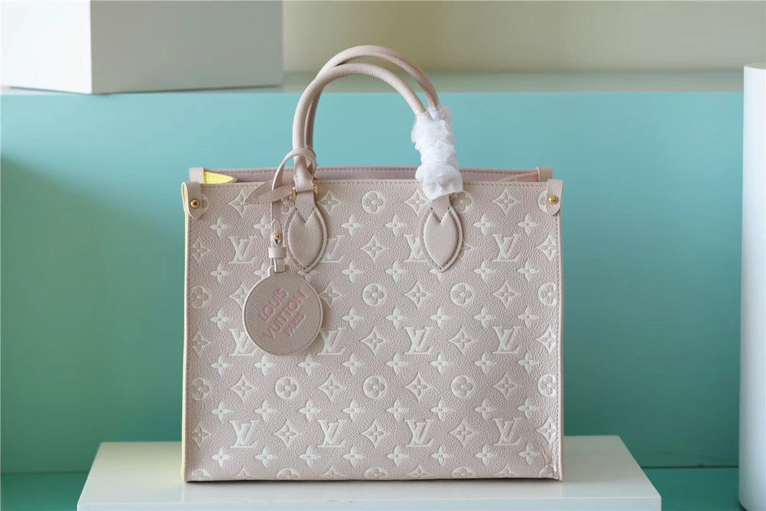 LV Onthego MM Monogram Empreinte Beige/ Pink/ Yellow For Womtlm,  Shoulder And Crossbody Bags 35cm/13.8in LV M46128