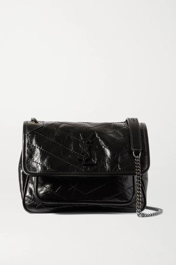 SAINT LAURENT MINI QUILTED CRINKLED GLOSSED-LEATHER SHOULDER BAG