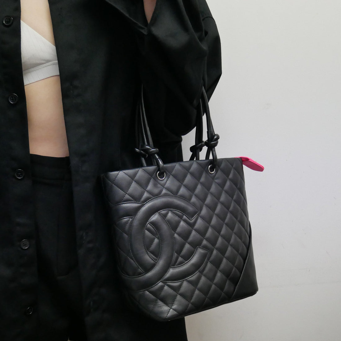 CHANEL 2004-2005 Cambon Ligne Handbag Black Calfskin 23363