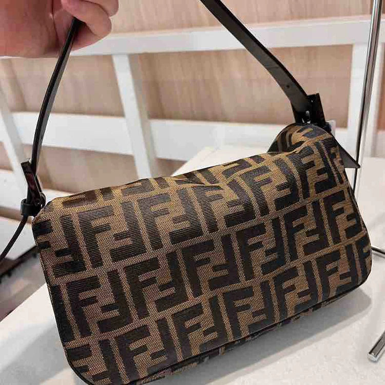 Fendi Zucchino Double Flap Baguette Shoulder Bag, Brown Canvas & Leather