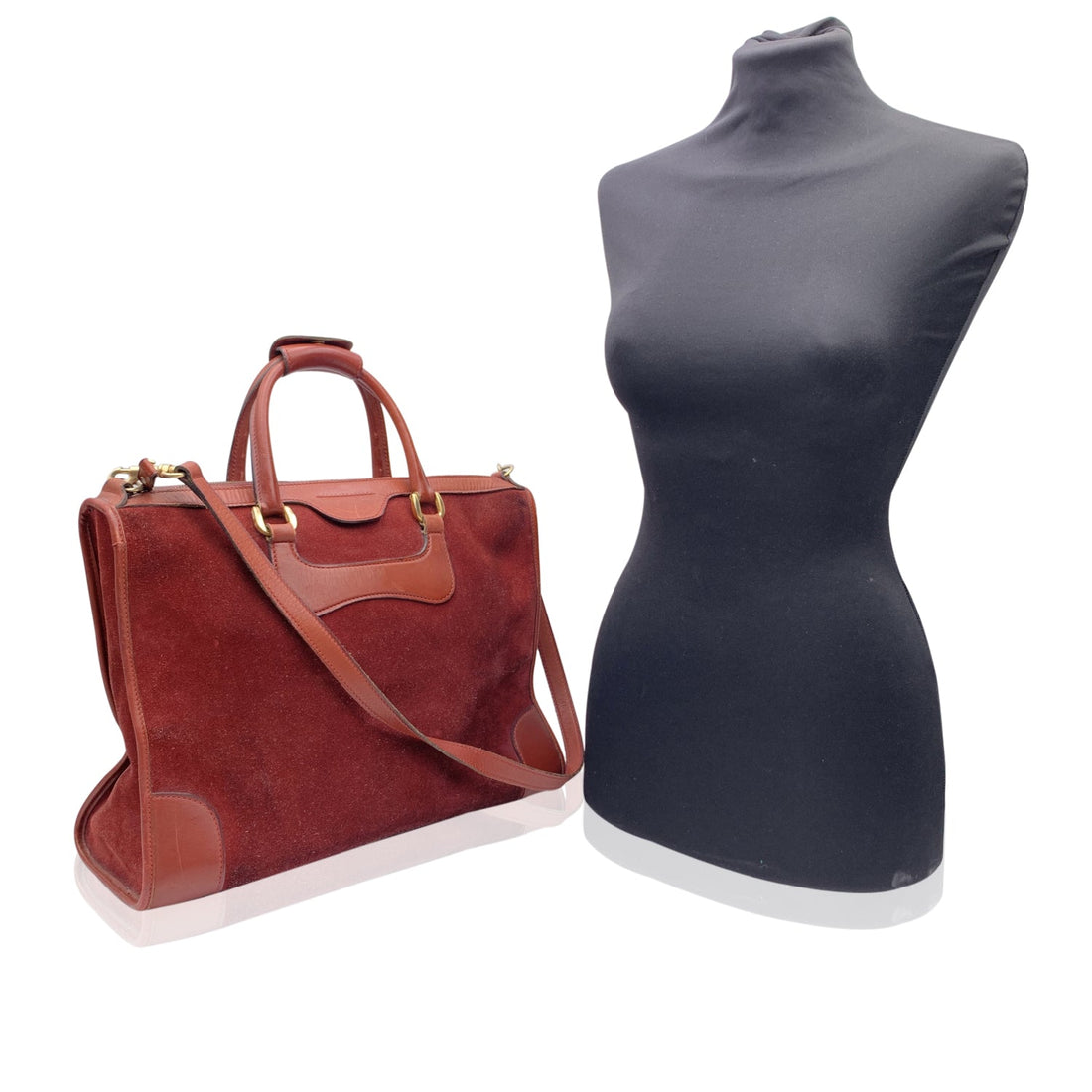 GUCCI Vintage Burgundy Suede And Leather Satchel Tote With Strap