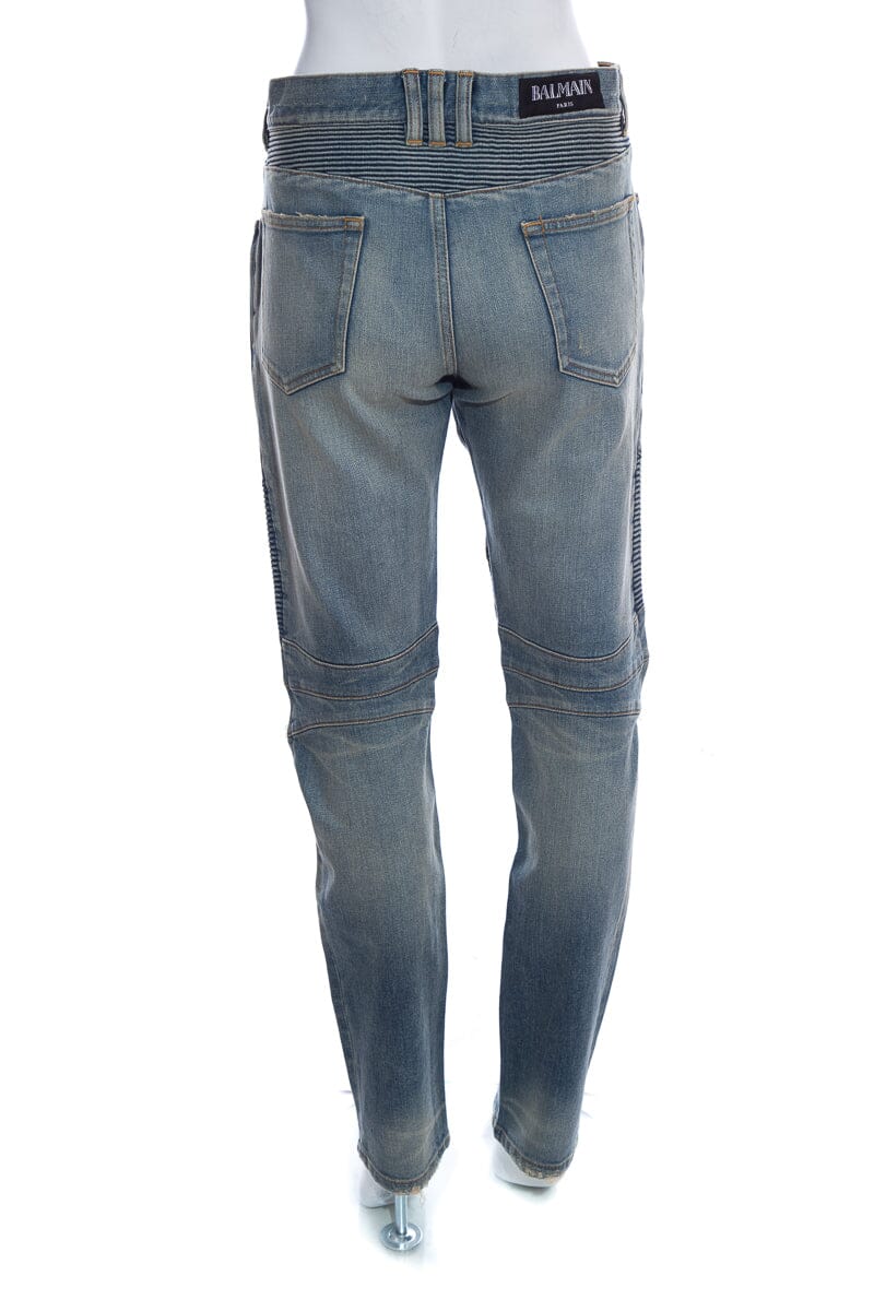 Balmain Destroyed Denim Moto Jeans SZ 34