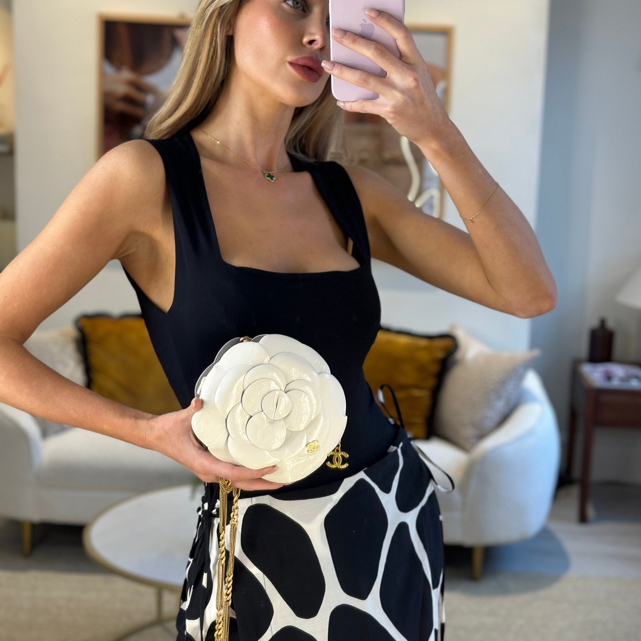 Chanel 23K White Camelia Evening Round Bag with Gold Hardware and CC Detail