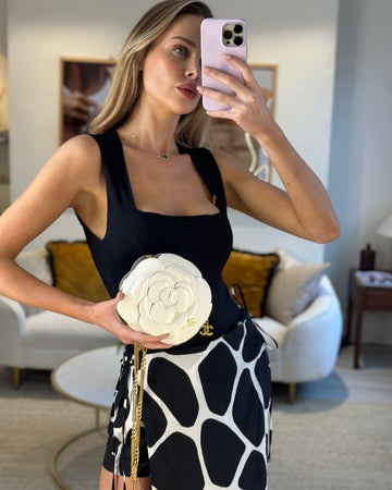 Chanel 23K White Camelia Evening Round Bag with Gold Hardware and CC Detail