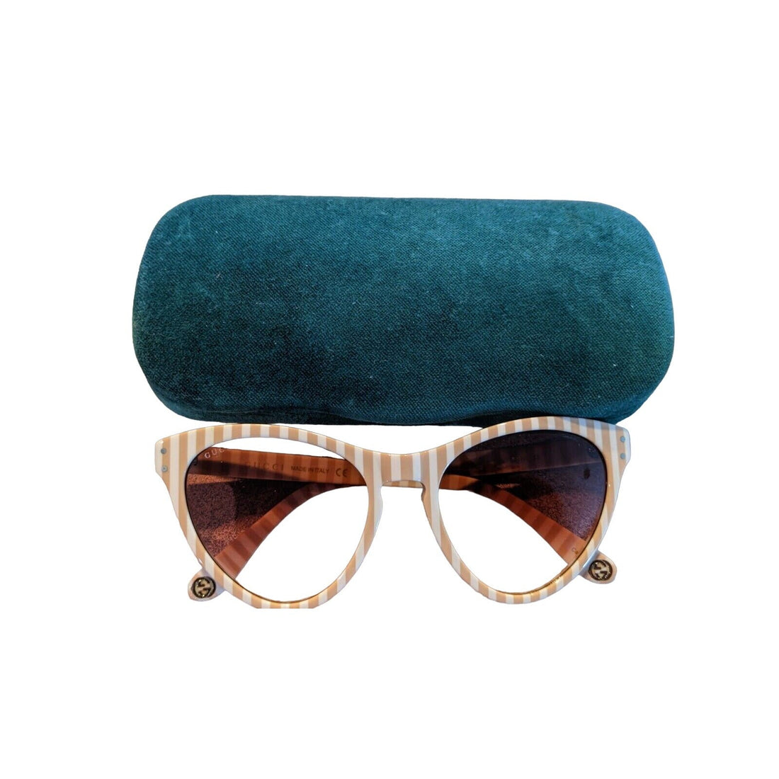 Gucci tan & white striped plastic cat's eye sunglasses